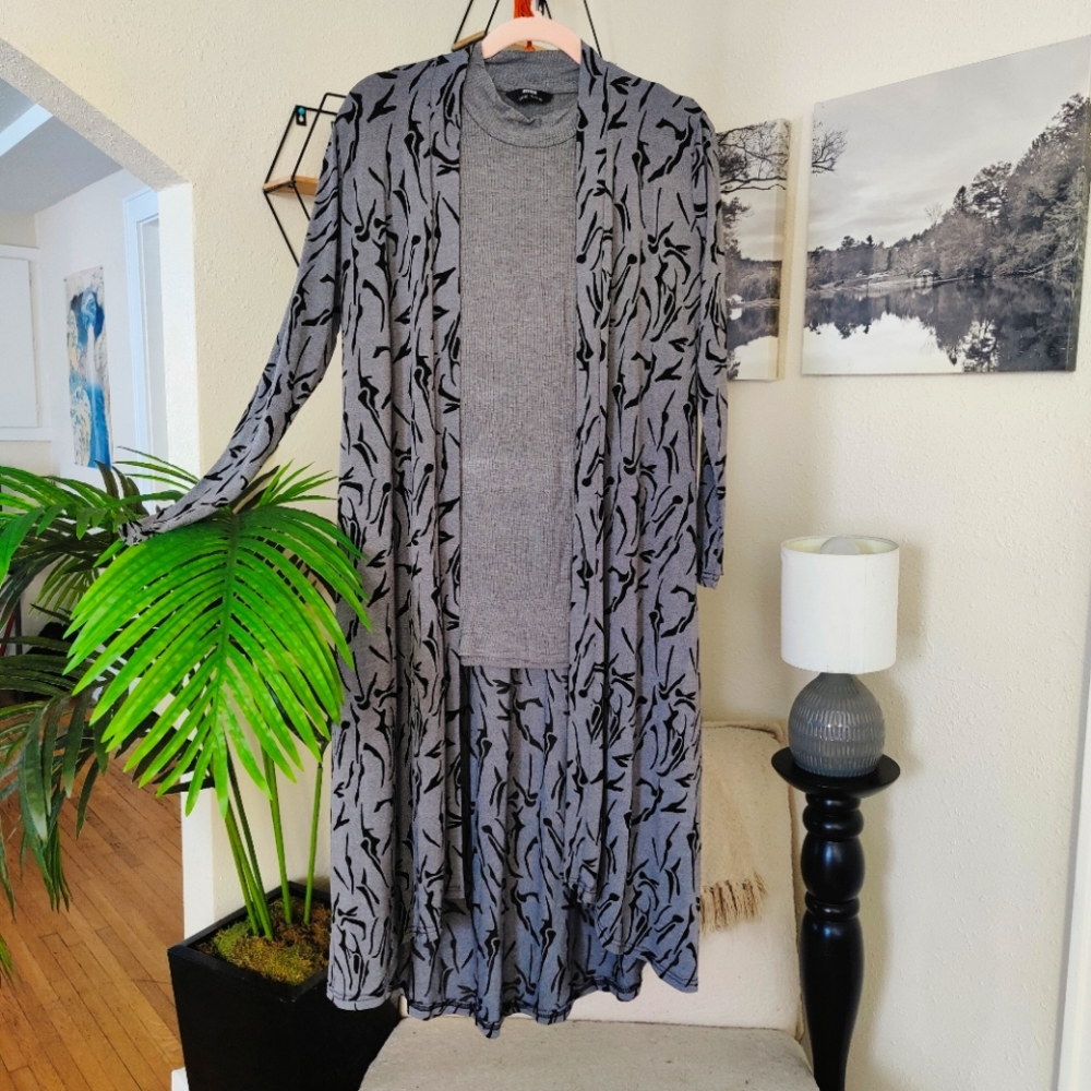 Grey & Black Cardigan with Ribbed Turtleneck